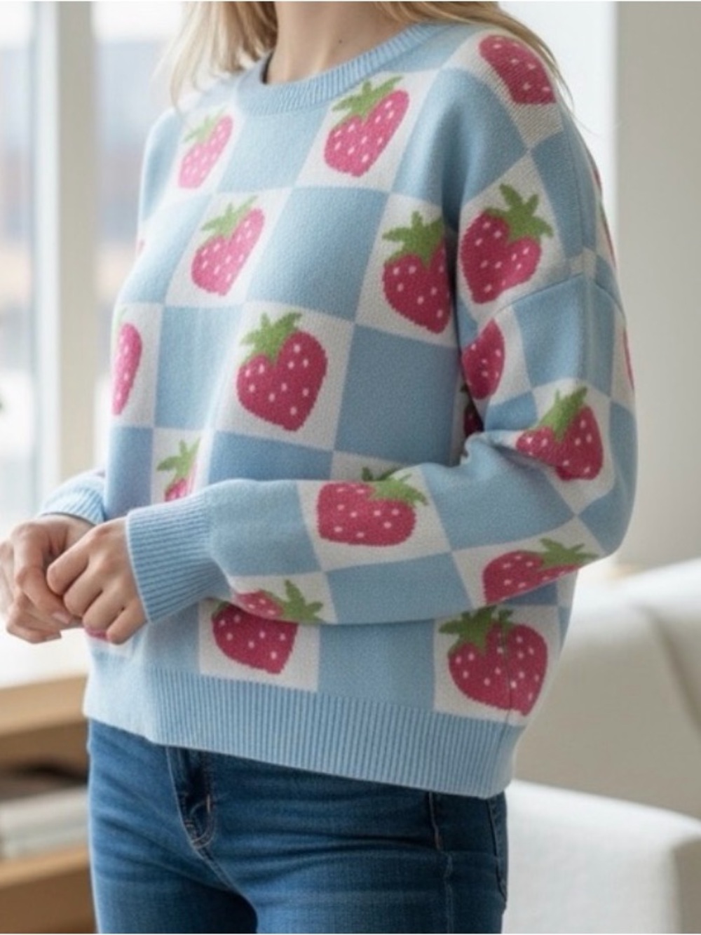 Pink Strawberry Pattern Crewneck Sweater in Light Blue Luna Ivy by Anthropology